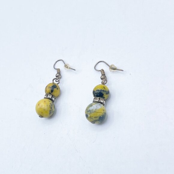 Handmade Yellow & Black Beaded Drop Earrings With 925 Sterling Silver Hooks - Picture 2 of 4